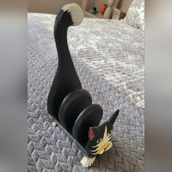 Wood Carved Black and White Cat Mail Sorter - Picture 2 of 2